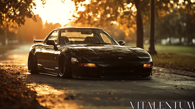 Low black sports coupe is parked on a tree-lined street