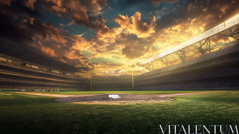 Sunlit baseball diamond under dramatic volumetric cloudscape