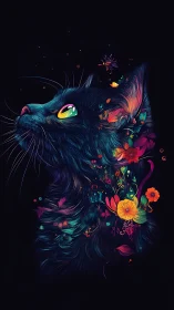 Chromatic Feline Portrait with Bioluminescent Eyes and Procedural Floral Elements