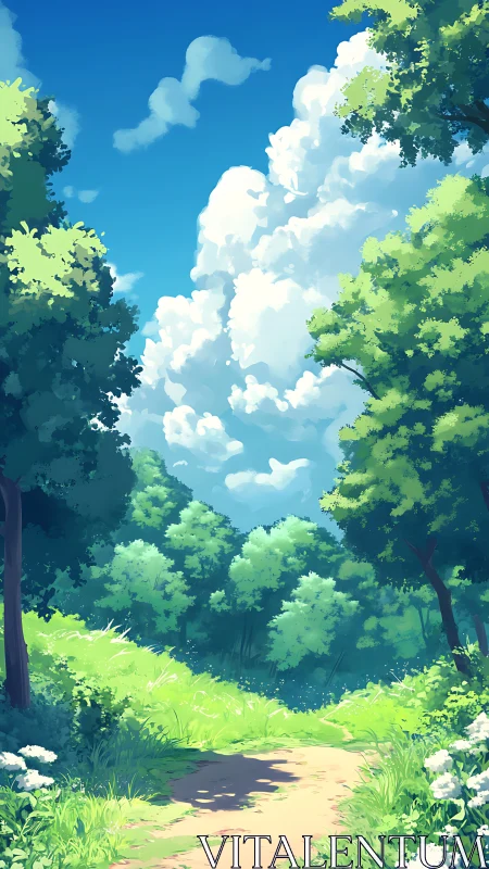Forest Path with Ascending Cumulus Cloud Formation and Deciduous Canopy.