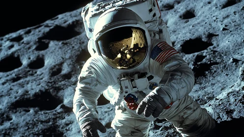 Astronaut explores rugged moon surface under harsh light.
