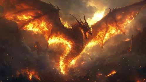 Blazing sky dragon swirling through storms of molten light.