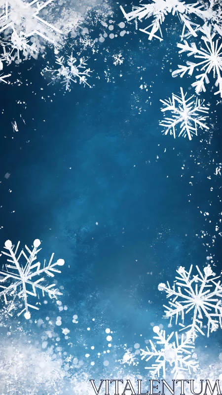 White snowflake frame surrounds deep winter blue background.