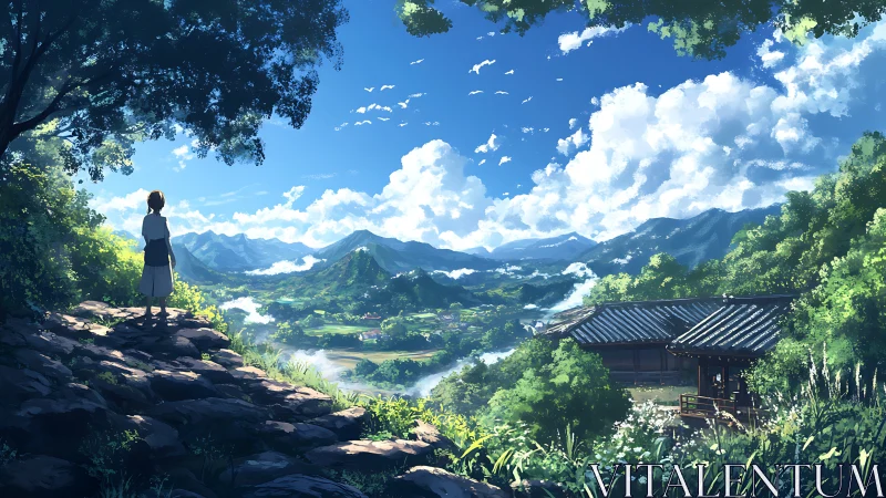 Child stands on rocky hill overlooking lush valley landscape