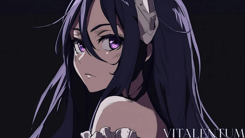 Violet eyed anime girl turns back in dramatic shadows.