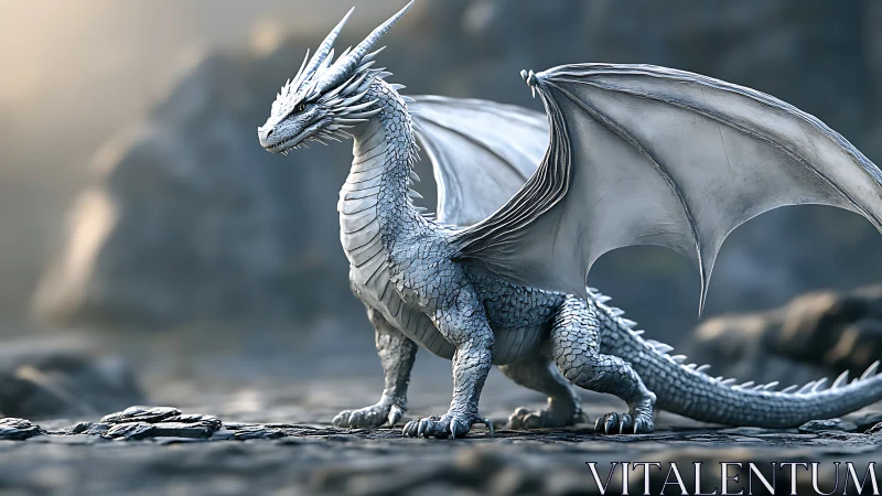 Gentle frost dragon resting in soft mountain morning light.