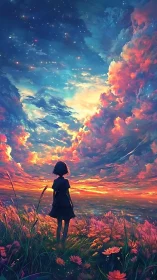Stargazing girl beneath a storm of sunset-painted clouds.