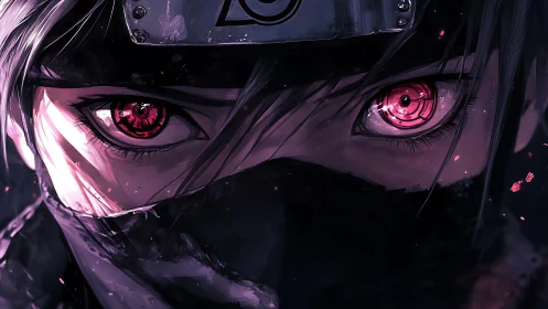 Intense masked anime warrior with glowing crimson eyes.