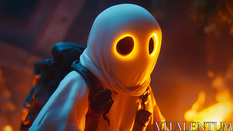 Glowing hooded spirit explores firelit ruins at dusk.