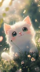 Ethereal White Cat Portrait with Spring Florals and Golden Bokeh Lighting