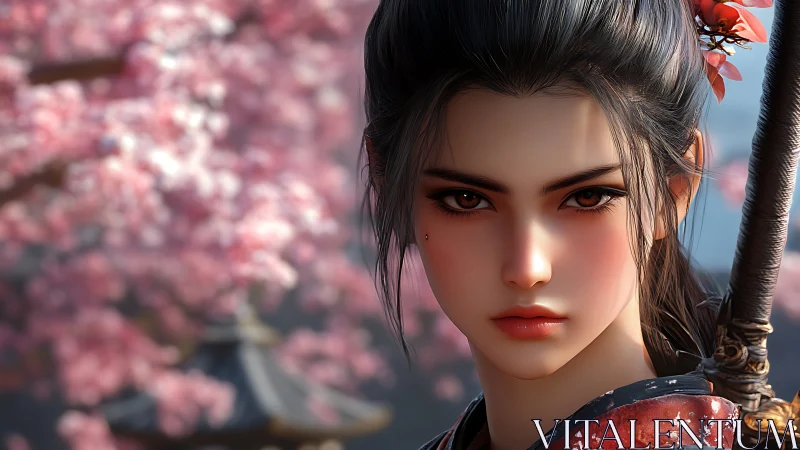 Samurai maiden gazes fiercely amid soft cherry blossoms.