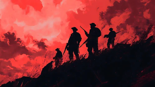 Silhouetted soldiers stand on a ridge under intense red sky