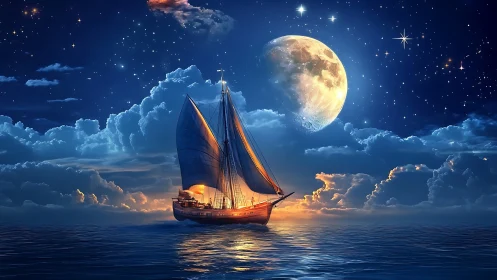 Sailing vessel under full moon in luminous night seascape.