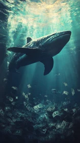 Whale swims above seafloor covered in swirling dollar bills