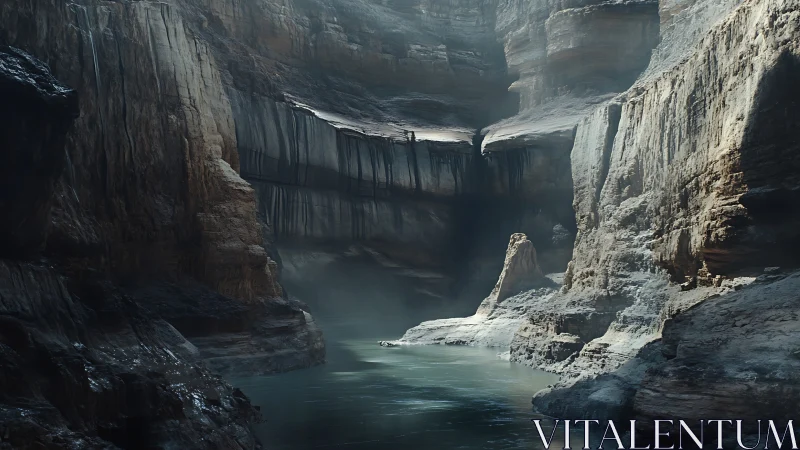 Rock canyon walls enclose narrow river under diffuse light
