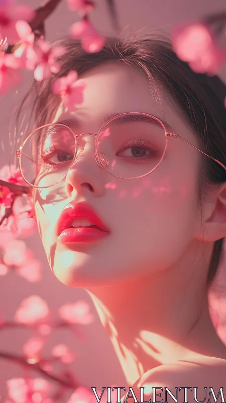 Woman with round glasses framed by pink blossoms in light.