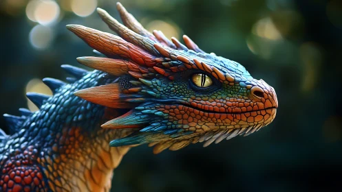 Gentle dragon gazes ahead with bright, jewel toned scales