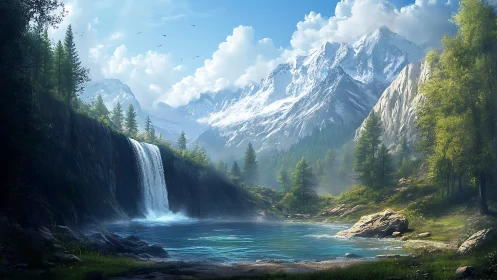 Digital alpine waterfall vista with atmospheric depth rendering.