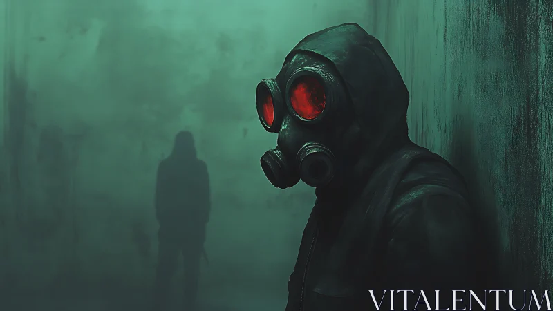 Hazmat silhouette confrontation in cyan toxic alleyway haze.