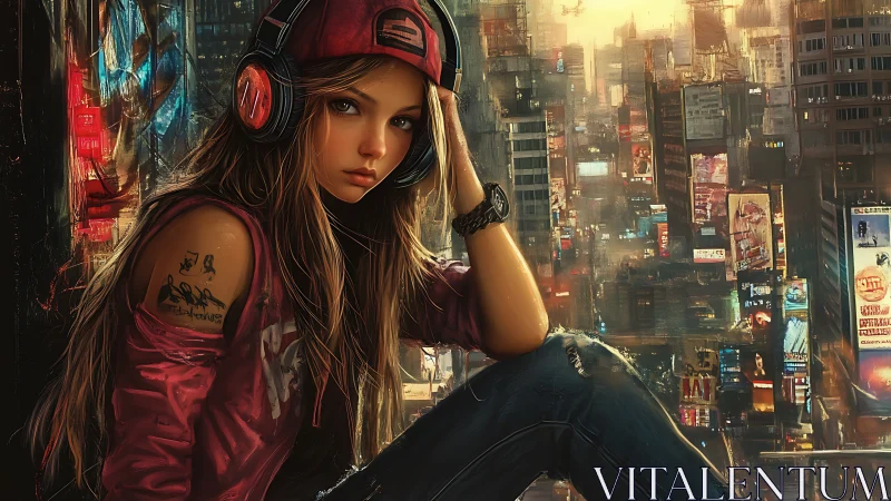 Headphoned street girl gazes over neon futuristic cityscape