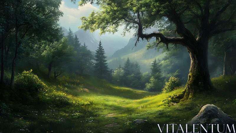 Ancient Forest Valley with Sunlit Clearing and Mountains.