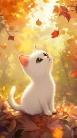 Curious White Kitten Chasing Autumn's Golden Leaves.