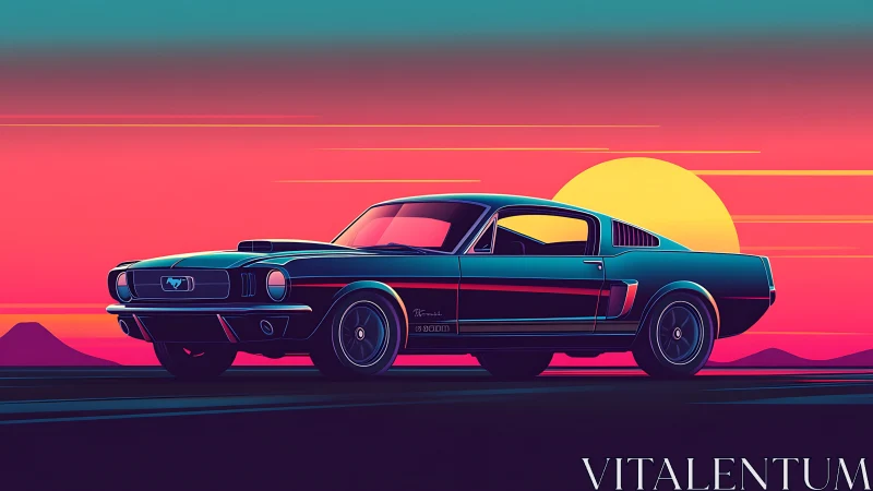 Retro muscle car glows against neon desert sunset horizon.