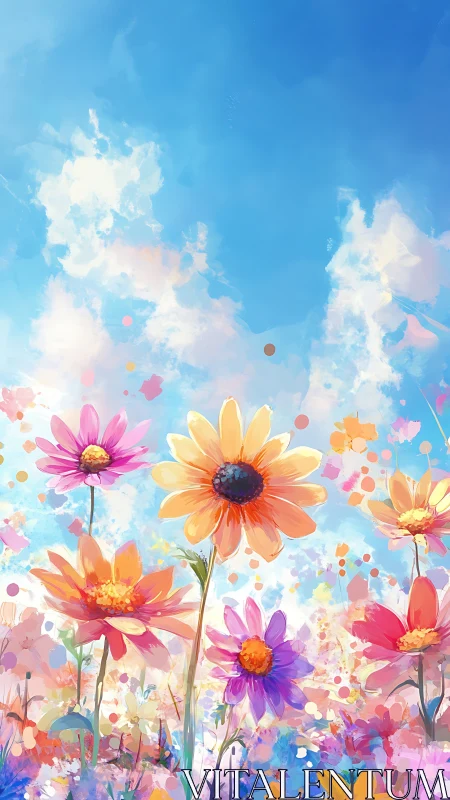 Floral Field Composition Against Blue Sky.