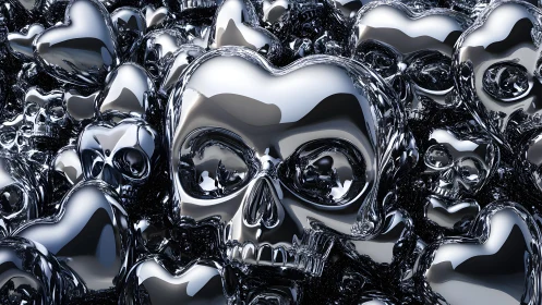 Metallic Heart-Shaped Skulls in Futuristic 3D Art Style.