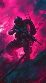 Neon combat operative in dynamic tactical descent scene.