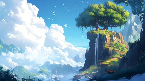 Floating Island Ecosystem with Cascading Waterfall in Atmospheric Perspective Rendering