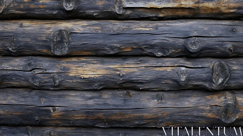 Charred log wall texture with deep grain patterns exposed.