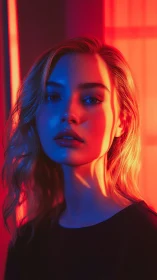 Portrait under neon rim light with vivid color contrast.