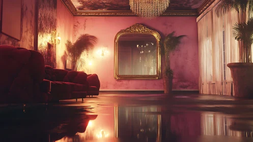 Moody pink lounge shimmers under a grand crystal chandelier