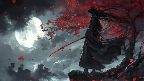 Moonlit warrior pauses beneath crimson blossoms and breathes