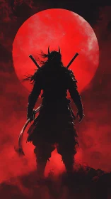 Backlit demonic samurai silhouette before oversized red moon.