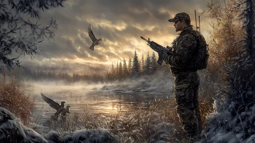 Soldier observing river wildlife in winter forest landscape.
