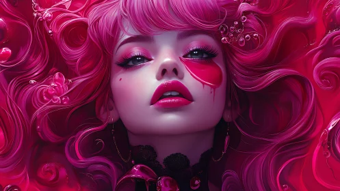 Digital painting portrait with neon magenta surreal fluid hair.