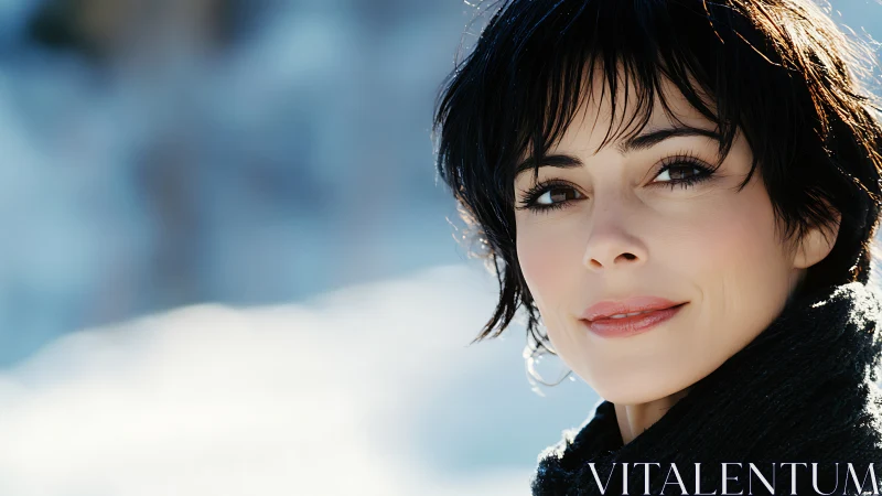 Woman With Short Black Hair Smiling Outdoors, Soft Focus Portrait.