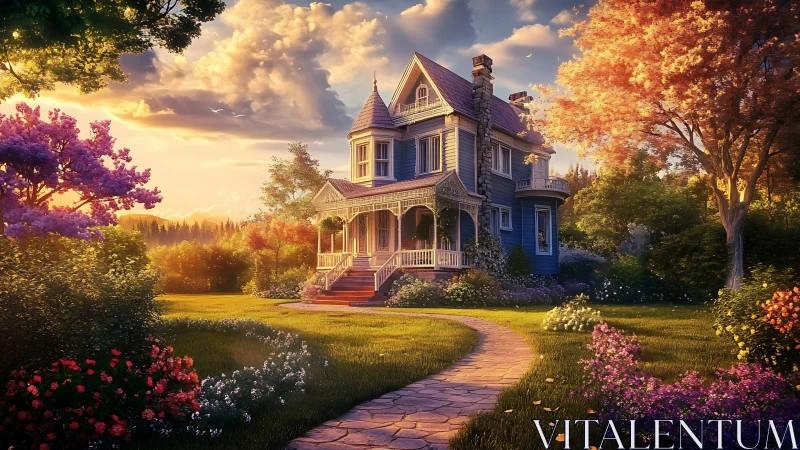 Victorian house stands in lush garden at vivid sunset light