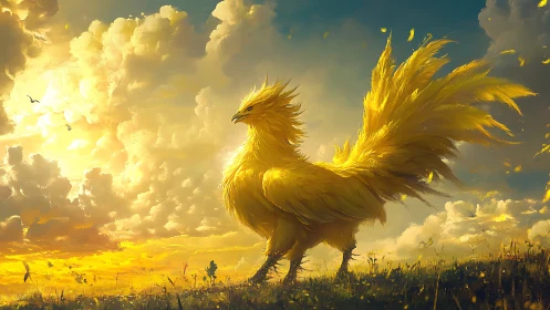 Large golden bird stands in a sunlit cloud-filled landscape