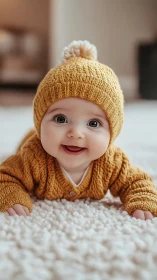 Joyful Infant in Mustard Knit Beanie and Cardigan on Textured Blanket