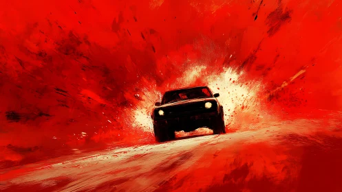 Muscle car accelerates through abstract red explosion field