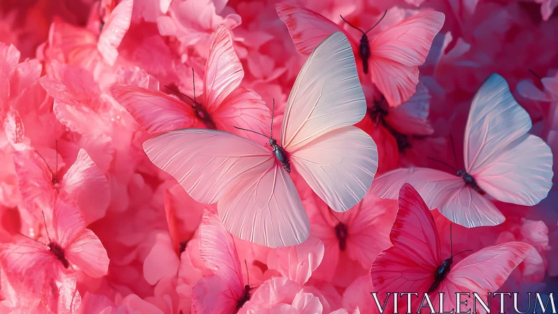 Pale luminous butterflies glide over saturated pink petals