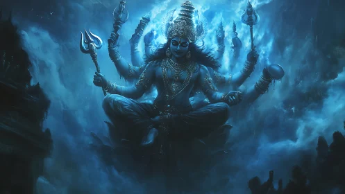 Majestic multi-armed deity meditates in swirling blue cosmos.