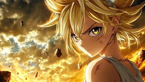 Defiant anime warrior stands fierce against a burning sky