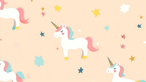 Pastel unicorn pattern over soft peach starry background.