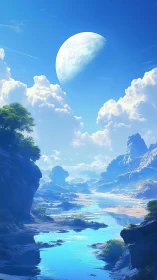 Luminous twin-world sky above crystalline river canyon.