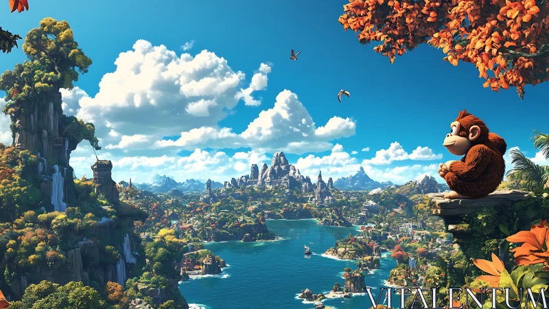 Fantasy landscape with anthropomorphic primate overlooking coastal settlement