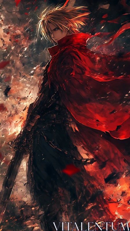 Red-cloaked swordsman stands amid abstract fiery debris